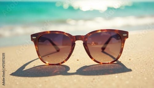 Sunglasses Reflecting Sunlight on a Sunny Beach Perfect Summer Vacation Image
