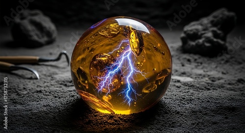Mystical Sphere Containing Lightning Amber Energy Concept Illustration Powerful Magic And Natural Wonder Display