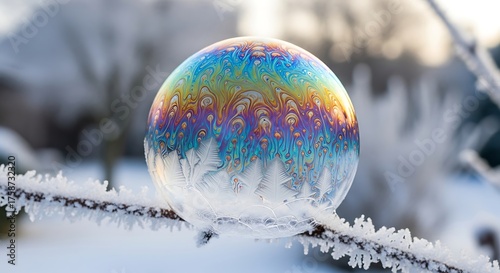Frozen Soap Bubble Reflecting Colors of Rainbow on a Snowy Branch with Winter Background