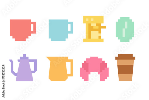 Pixel art coffee icons set featuring cups, coffee maker, and kettle in retro style