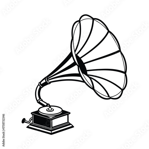 Vintage Gramophone Silhouette – Classic Turntable with Flared Horn and Crank Handle