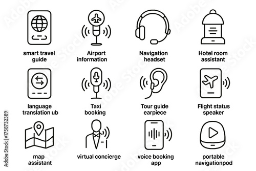 Assistant navigation language voice travel vector tour guide icon airport earpiece