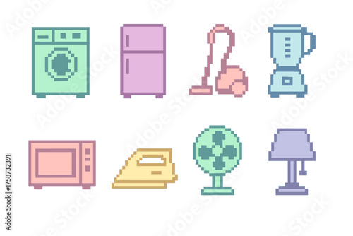 Colorful pixel art home appliances collection for retro digital designs