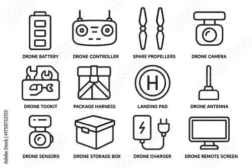Sensors package icons battery drone vector harness equipment icon box antenna pad