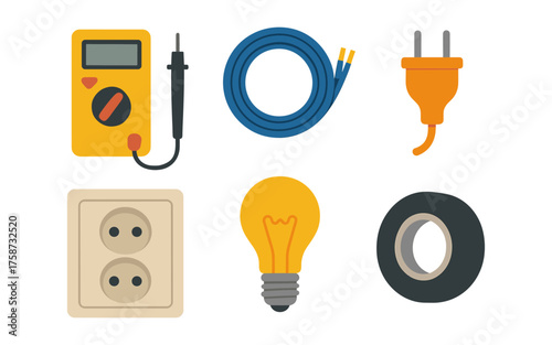 Electrical toolkit: multimeter, cables, plug, socket, bulb, tape in flat design