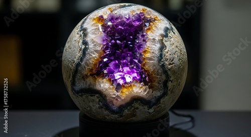 Gorgeous amethyst geode sphere illuminating on a stand showcasing vibrant purple crystals