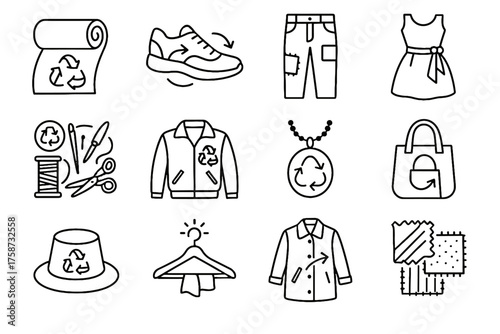 Sewing icons eco reused upcycled fashion creative vector reclaimed icon kit remade