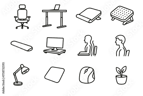Workspace icon organizer ergonomic pot vector wrist posture screen icons plant desk