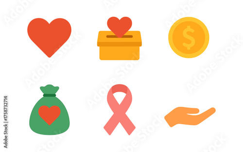 Charity and donation icons: heart, box, money, ribbon, hand, bag symbols