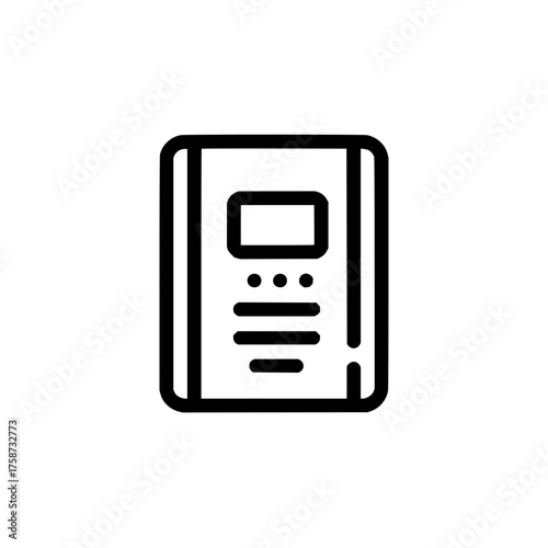 Illustration of a black and white book with a rectangular screen and three dots and lines on it