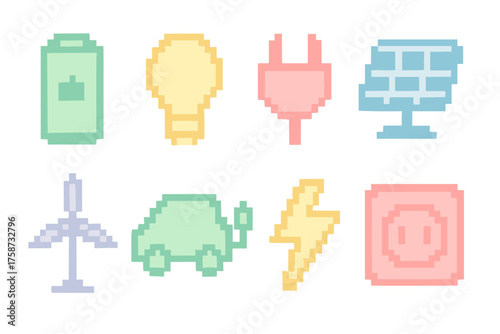 Retro pixel icons of renewable energy and eco-friendly power sources