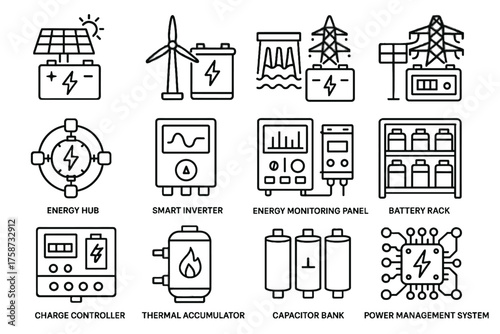 Vector hydro battery energy rack icons charge hub smart controller renewable inverter