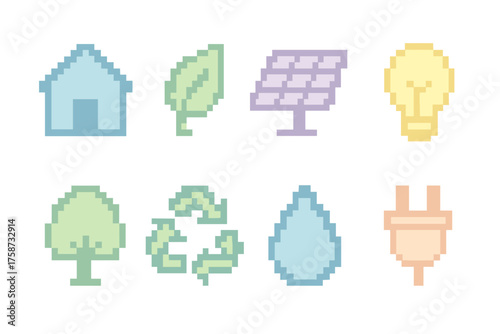 Pixel art sustainable energy icons: eco-friendly designs with solar and green elements