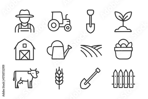 Farm icon set: linear style with agriculture symbols including tractor, barn, and crops