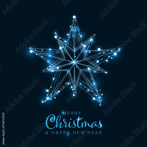 Christmas Card Template with Christmas star with glowing blue lights on a dark background. This decorative Christmas star design creates a festive and glowing atmosphere for the holiday season.