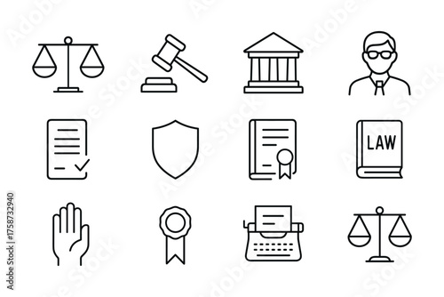 Linear justice icons set featuring law, court, and legal symbols