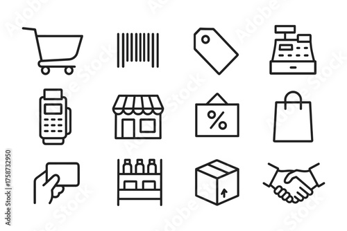 Minimalist icons for shopping and retail: cart, barcode, and more