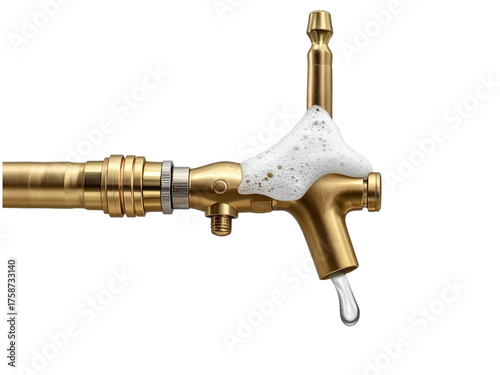 Golden metal beer keg tap spout isolated on black studio background for beverage service isolated on transparent background