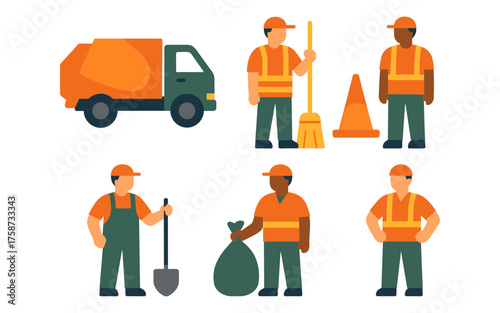 Waste management team and equipment in flat design style