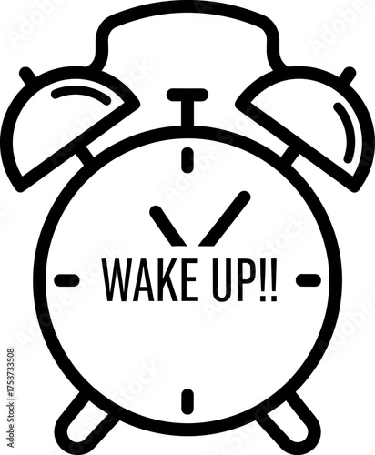Black and white outline of an alarm clock with the words WAKEUP on its face Keywords: alarm clock, wake up, time, morning, ringing, vintage, retro, clock face, hands, bells, notification