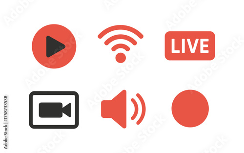 Minimalist media icons set: play, stream, live, video, sound