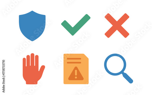 Safety and security icons set: shield, checkmark, magnifying glass, and more