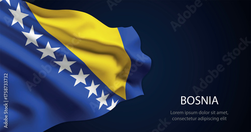 Bosnia national flag with elegant folds on dark background