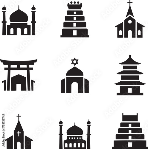 Global Religious Architecture Icon Set - Black Vector Sacred Building Silhouettes