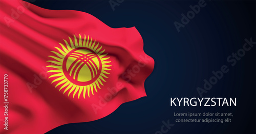 Kyrgyzstan national flag with elegant folds on dark background