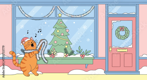 Cheerful Cartoon Cat Singing Christmas Carols.