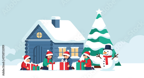 Children Opening Christmas Presents in Snowy Winter Scene.