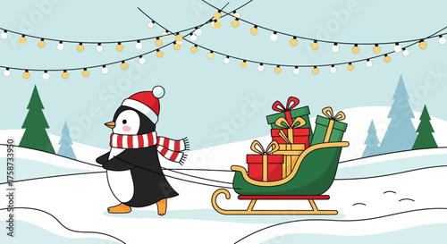 Penguin Pulling Sleigh with Christmas Presents in Winter.