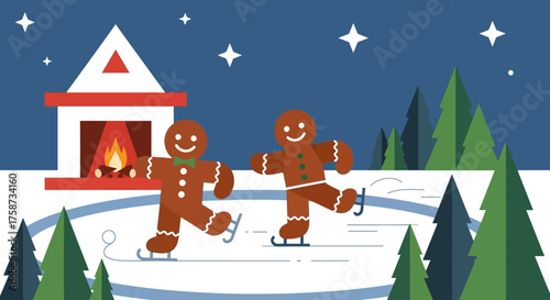 Two Gingerbread Men Ice Skating in Winter.