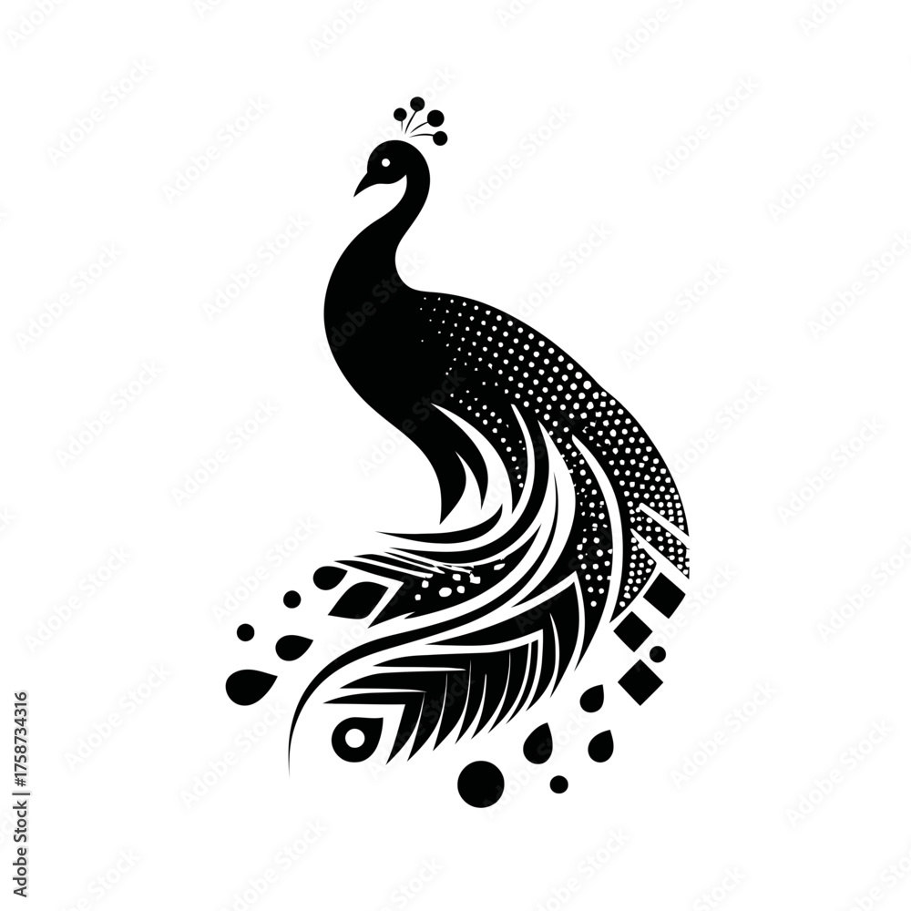 Fototapeta premium Stylized black and white peacock illustration, elegant decorative bird silhouette with intricate patterned feathers and minimalist design.