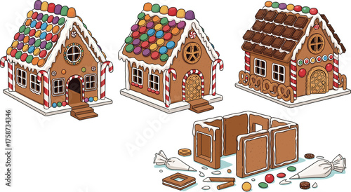 Set of beautiful hand-drawn festive Christmas elements with holly leaves, red berries, candy canes, and holiday greetings