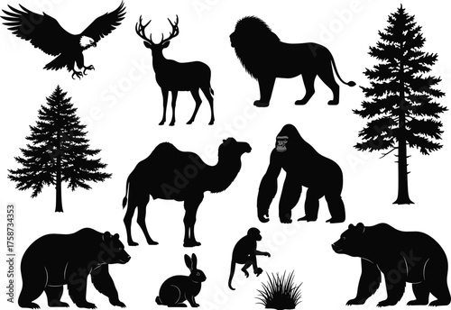 Animal silhouette illustration, eagle flying, deer antlers, lion, camel, gorilla, monkey, rabbit, bear, wildlife forest, jungle, desert, nature, trees