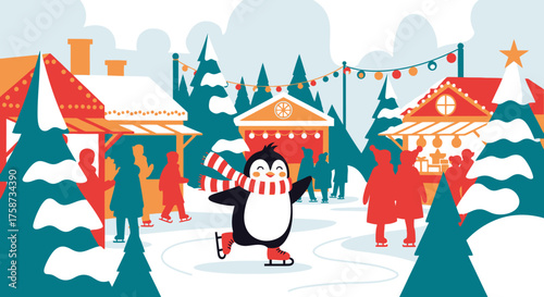 Cheerful Penguin Ice Skating in Winter Wonderland.