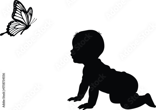 Baby silhouette, crawling child, butterfly illustration, innocence art, childhood curiosity, nature interaction, black silhouette, white background, playful design, symbolic artwork, toddler figure,