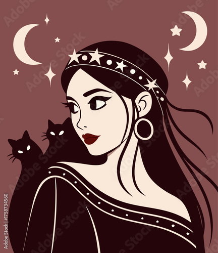 Mysterious Witch Woman Portrait with Celestial Star Headband and Cats