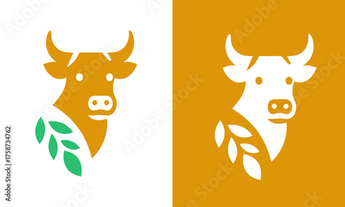 Stylized cow head with green leaves emblem on orange and white backgrounds