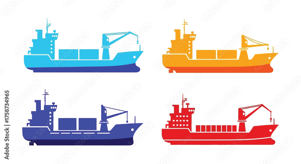 Obraz premium Four colorful cargo ship silhouettes illustrating maritime transportation and logistics