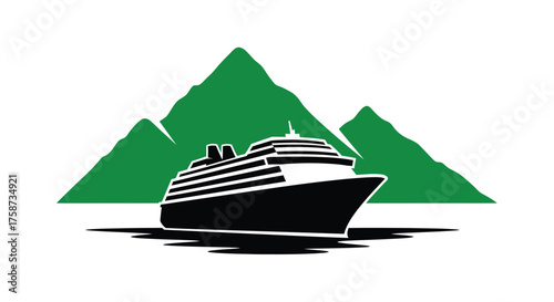Cruise ship sailing near a mountainous landscape in a graphic style