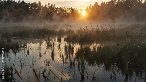 Serene Sunrise Over a Misty Wetland with Tall Grasses and Reflections