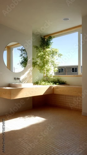 Modern bathroom design featuring natural elements and ample sunlight in a bright space with a unique sink area