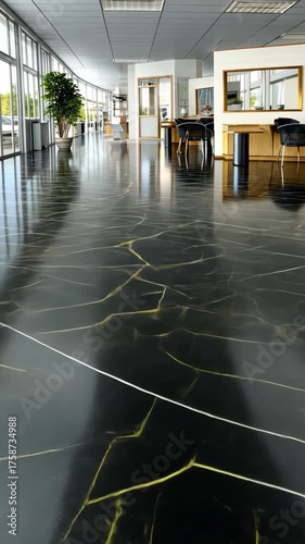 Modern office interior showcases stylish black marble flooring and spacious design for optimal working environment in daylight