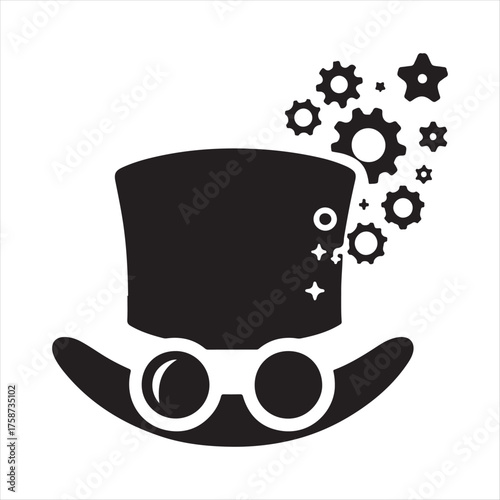 top hat with goggles and floating gears vector silhouette line art drawing collections