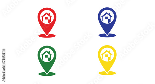 Colorful house location pin icons representing real estate and property options