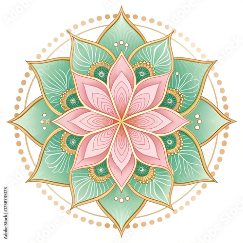Beautiful floral mandala vector with soft pink and green lotus-inspired petals. Elegant decorative design perfect for meditation art, yoga background, invitation, or spiritual projects.
