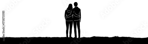 A black silhouette of a couple standing on grass and gazing at the sky, illustrated in a clean vector style.