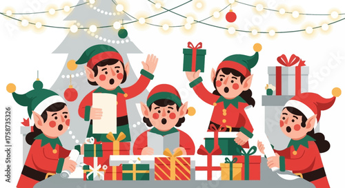 Festive Christmas Elves Preparing Gifts with Joy.
